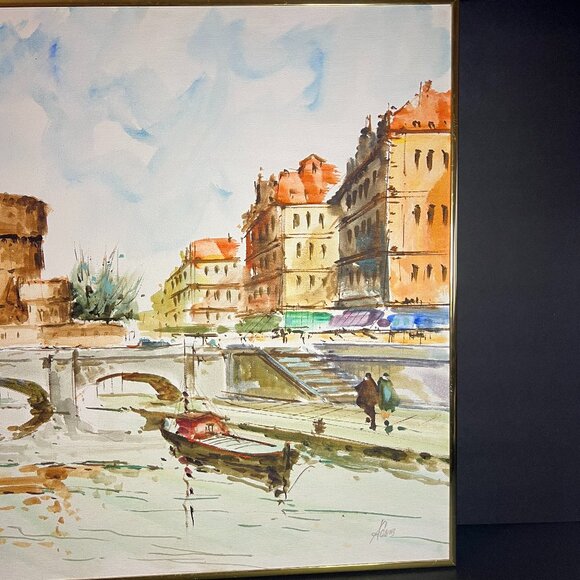 Original Signed Ponte St Angelo Rome Bridge & Castle Framed Watercolor Painting - Picture 5 of 7